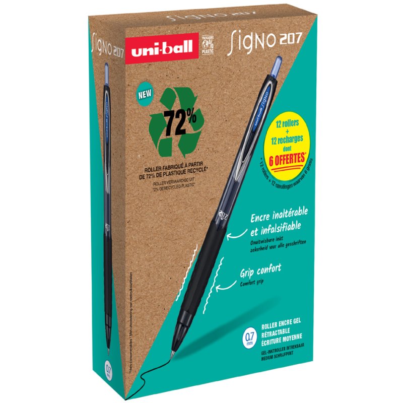 uni-ball gel rollerpen SIGNO 207E VALUE PACK, navulbaar, blauw, 12 stuks + 12 navullingen